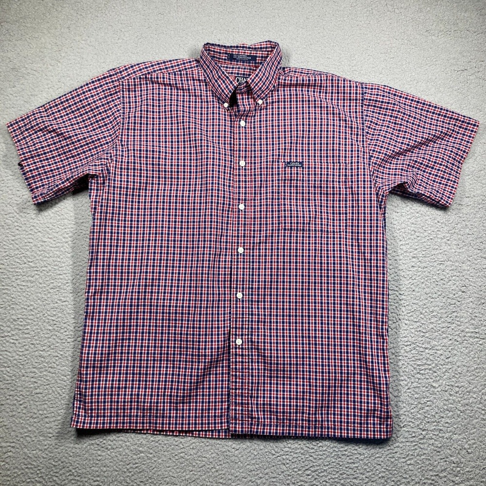 Chaps Ralph Lauren Shirt Mens Large Red Tattersall Plaid Short Sleeve‎ Button